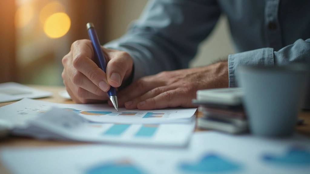 Человек анализирует финансовые данные и готовит месячный бюджет