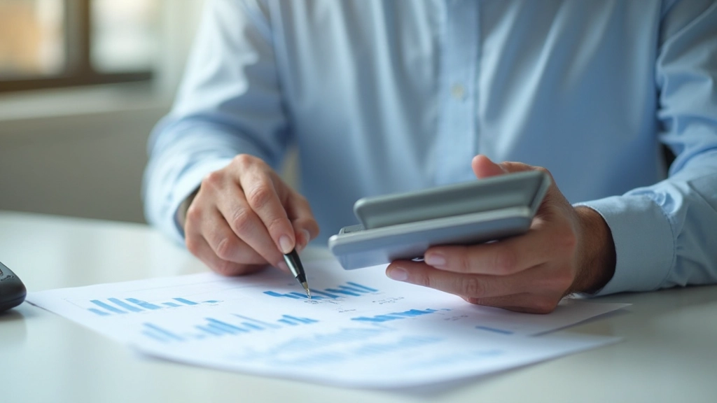Профессиональное фото человека с калькулятором и финансовыми расчетами на бумаге